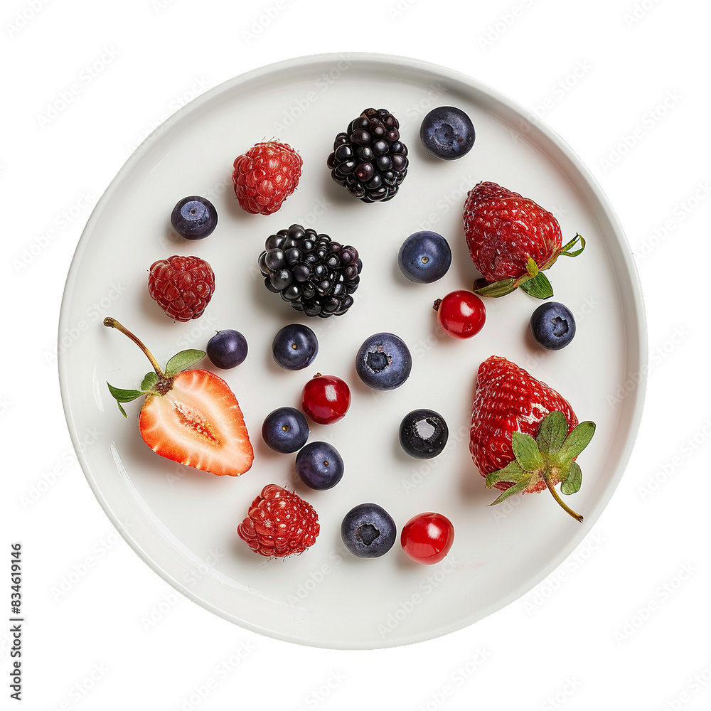 Assorted fresh berries on a white plate, top view, isolated on white background

