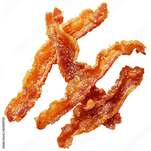 Crispy bacon strips with salt crystals, top view on a white background

 photo