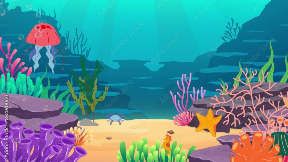 Undersea environment with reefs, fishs cartoon animation loop, undersea 4k life animation background