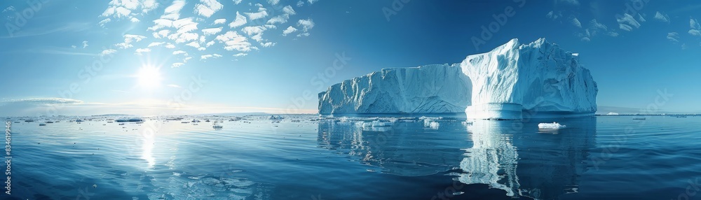 Majestic Iceberg in the Tranquil Sea - Serene Wide-angle View of Broken Ice Reflecting Sky and Daylight Majestic Iceberg in the Tranquil Sea - Serene Wide-angle View of Broken Ice Reflecting Sky and Daylight