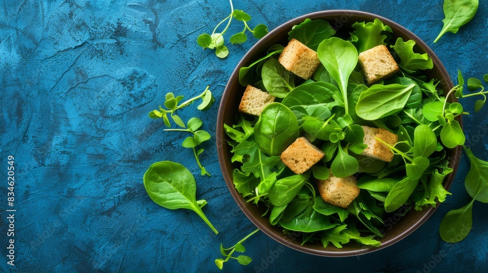 A bowl brimming with greens and croutons atop a blue surface Scissors nearby, a solitary sprig of lettuce beside them A bowl brimming with greens and croutons atop a blue surface Scissors nearby, a solitary sprig of lettuce beside them