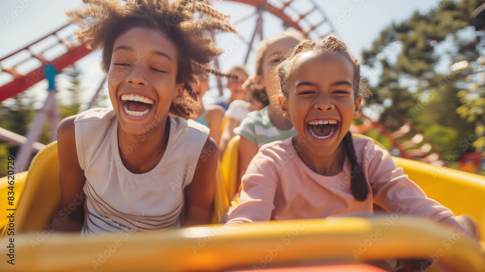 Naklejka premium Pure Joy on a Roller Coaster Ride. A vibrant image capturing the pure joy of two children on a roller coaster ride.
