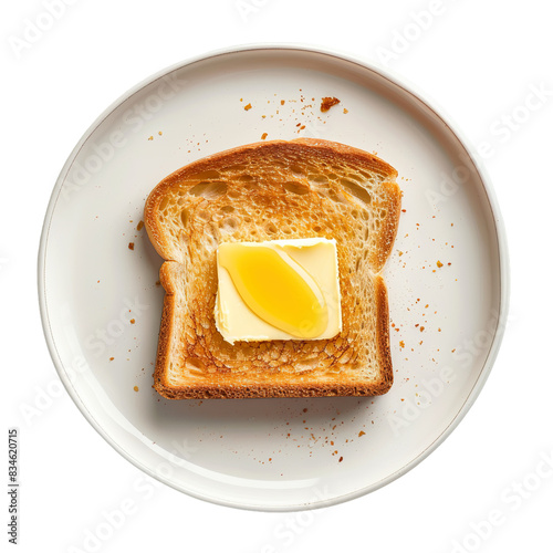 Toasted bread with melted butter and drizzle of honey on white plate, top view

 photo