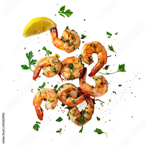 Grilled shrimp with lemon and herbs, top view, vibrant seafood dish isolated on yellow background

 photo
