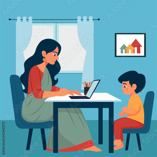 Vector Illustration of a Mother working from home and taking care of his child