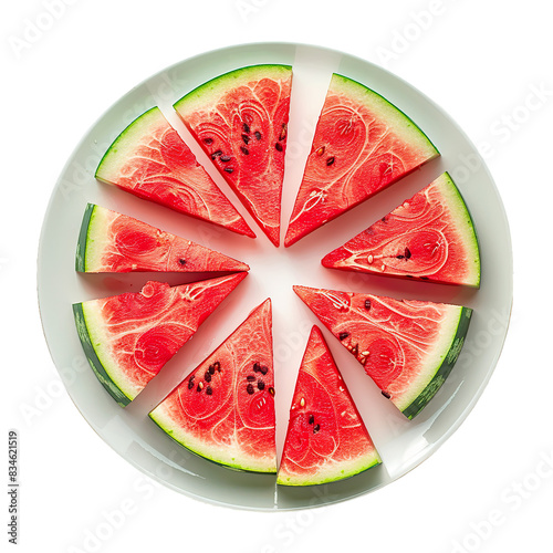Sliced watermelon pieces arranged on a white plate, top view, bright and fresh fruit display

 photo