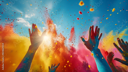 Colorful hands covered in vibrant colored powder.

