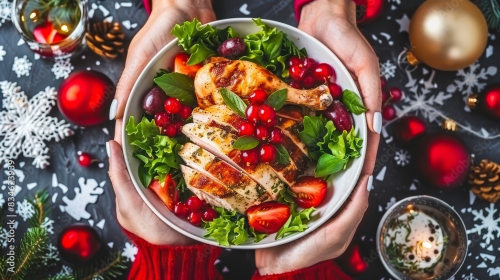 A person holds a bowl of chicken and cranberry salad above a table, surrounded by Christmas decorations and baubles, viewed from above A person holds a bowl of chicken and cranberry salad above a table, surrounded by Christmas decorations and baubles, viewed from above