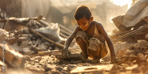 A young boy sits on the ground in front of a destroyed building, 
 photo