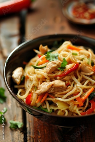Closeup view of chicken stir-fry with noodles and vegetables