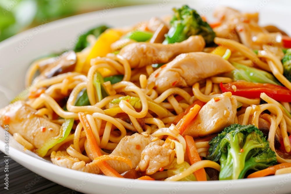 Closeup view of chicken stir-fry with noodles and vegetables Closeup view of chicken stir-fry with noodles and vegetables