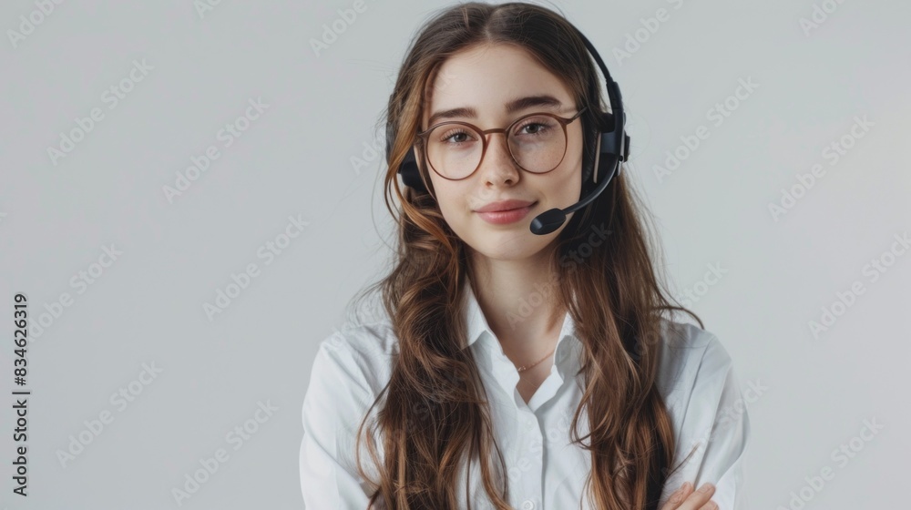 A woman wearing glasses and a headset is smiling A woman wearing glasses and a headset is smiling