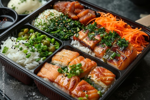 Bento Box - A compartmentalized lunch box with rice, fish, meat, pickled vegetables, and tamagoyaki.  photo