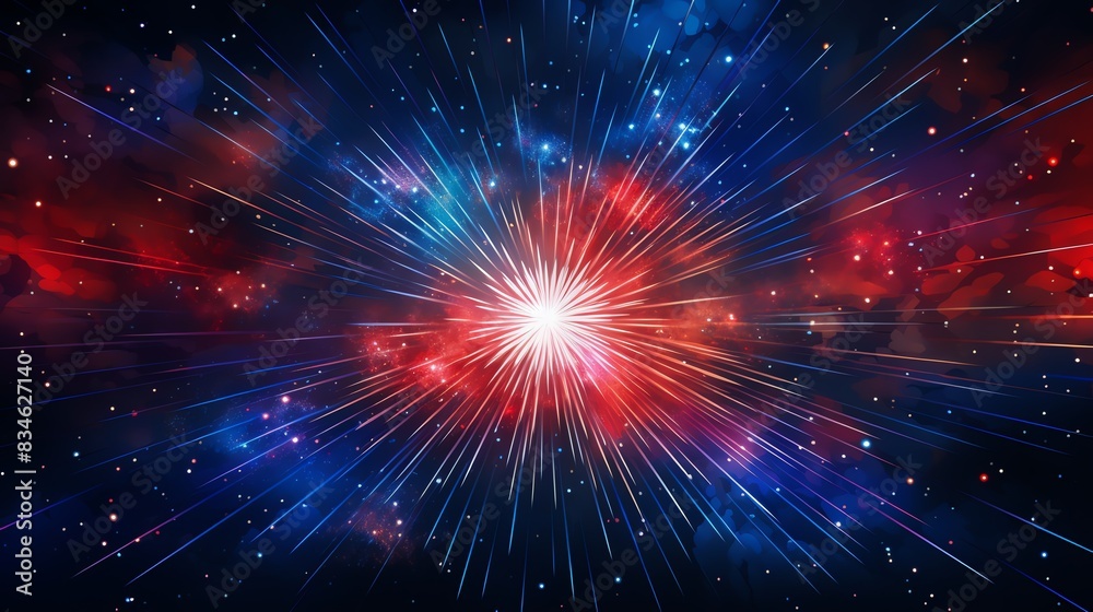 Naklejka premium Independence Day Celebration. Abstract cosmic explosion with red and blue nebulae and stars.