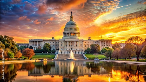 US Capitol building bathed in warm sunset light in Washington DC, USA , sunset, US Capitol, Washington DC, USA, architecture, landmark, government, politics, Congress, democracy, iconic photo