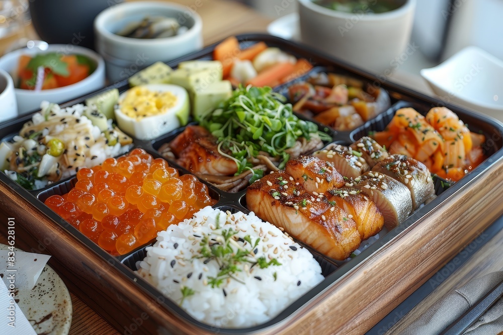 Bento Box - A compartmentalized lunch box with rice, fish, meat, pickled vegetables, and tamagoyaki. Bento Box - A compartmentalized lunch box with rice, fish, meat, pickled vegetables, and tamagoyaki.