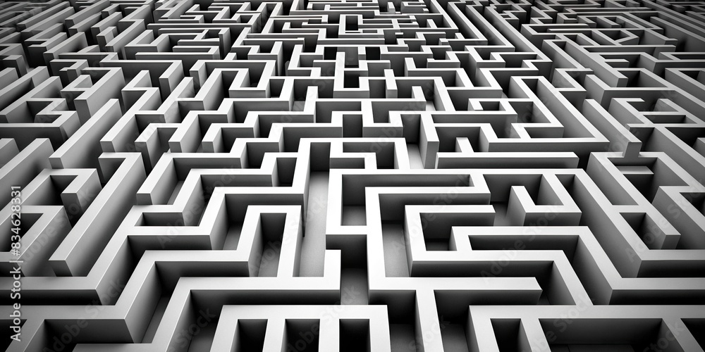 A black and white complex labyrinth with a high level of difficulty , maze, puzzle, challenge, solution, complexity, enigma, brain teaser, riddle, intricate, confusion, strategy, creativity