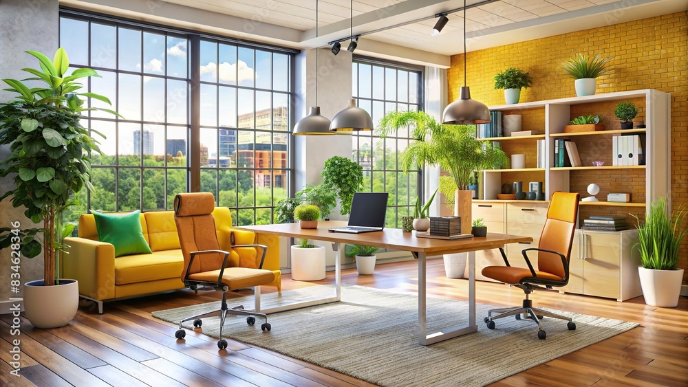 Modern office with a cozy setting, featuring a beautifully decorated workspace with a bright color scheme and stylish furniture, senior boss, employee, hug, successful, happiness, modern office