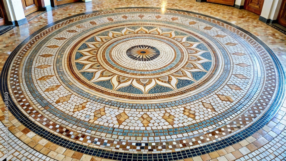 Beautiful circle mosaic flat tile pattern in entrance hall , geometric, design, architecture, interior, flooring, decoration, symmetry, abstract, modern, luxury, elegant, stylish, minimalist