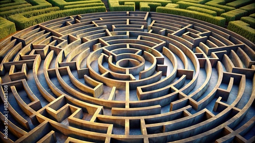 Circular maze with intricate paths and dead ends, challenging to navigate and find the center , Labyrinth, maze, intricate, complex, circular, puzzle, challenging, solution, exit, path