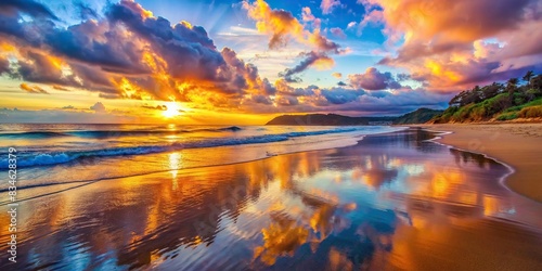 Vibrant sunset seascape reflecting on tranquil waters and sandy beach, sunset, seascape, vibrant, colors, tranquil, waters, sandy, beach, landscape, horizon, nature, peaceful, reflection