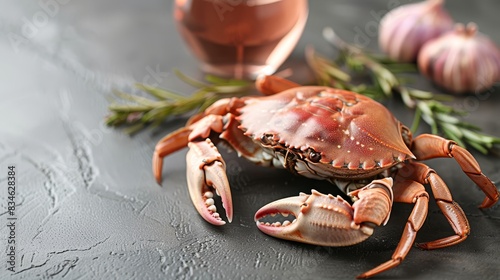  A close-up of a crab on a table Nearby, garlic and a glass of wine rest A sprig of rosemary sits beside the glass, while another garlick cl