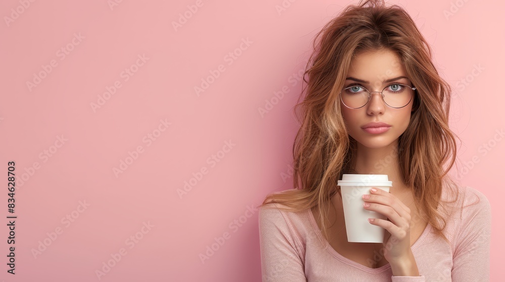 Woman in pink backdrop, seriously gazes at camera while holding a cup of coffee in right hand Woman in pink backdrop, seriously gazes at camera while holding a cup of coffee in right hand