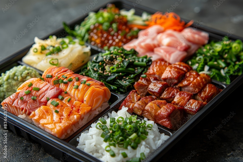 Bento Box - A compartmentalized lunch box with rice, fish, meat, pickled vegetables, and tamagoyaki. Bento Box - A compartmentalized lunch box with rice, fish, meat, pickled vegetables, and tamagoyaki.