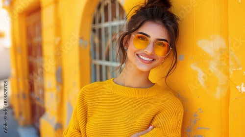  A woman in a yellow sweater leans against a sunlit yellow wall Her hips are slighted hip-width apart, and she rests her hands on them Her arms casually