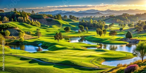 Beautifully manicured golf course landscape with rolling hills, lush green fairways, and pristine water hazards , Golf, course, landscape, scenery, nature, green, fairway, trees, hills