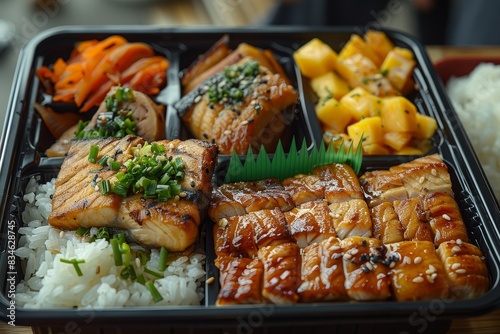 Bento Box - A compartmentalized lunch box with rice, fish, meat, pickled vegetables, and tamagoyaki.  photo