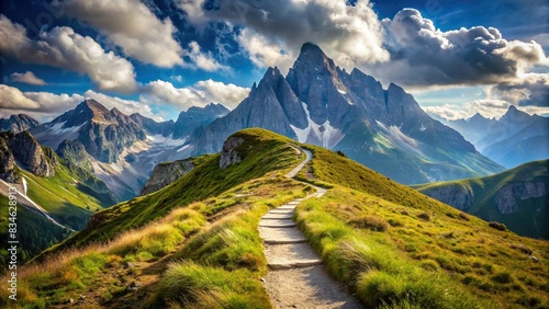Path to success on mountains, featuring a route from base to peak without any people present, mountain, climbing, progress, route, peak, business, journey, success, path, trail, adventure photo