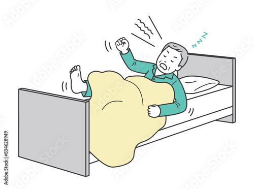 睡眠中に大声を出して暴れる高齢男性のイラスト