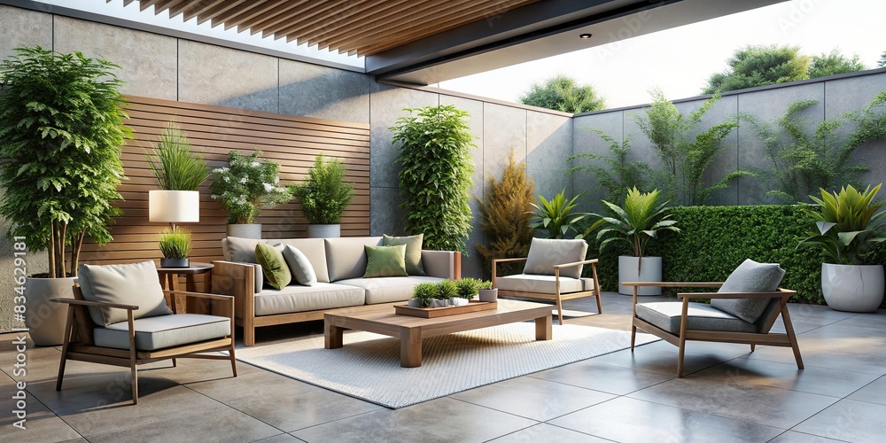 Minimalist outdoor patio with modern furniture and potted plants, patio, minimalist, outdoor, modern, furniture, potted plants, stylish, contemporary, serene, zen, clean, simple, elegant
