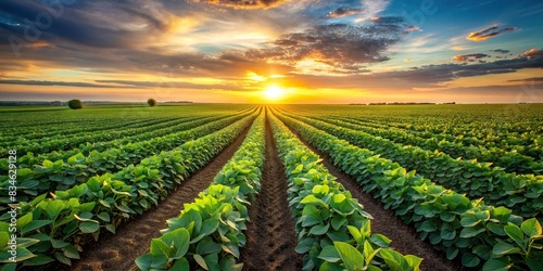 Soybean field with rows of green soya bean plants at sunset, agriculture, farm, genetically modified, food, field, sunset, soybean, plants, rows, green, crop, industry, sunset, landscape photo