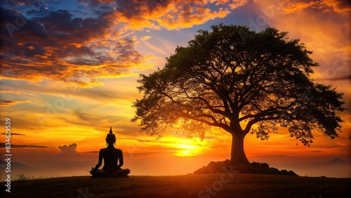 Silhouette of buddha sitting under bodhi tree with sunset background, silhouette, buddha, meditation, bodhi tree, peaceful, tranquil, calm, enlightenment, spirituality, zen, sun rays, dusk photo