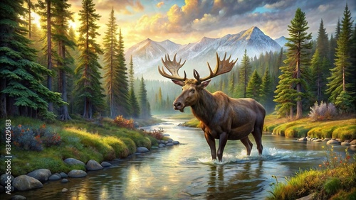 Vintage national park poster featuring a wild moose in a forest jungle with a river and nature landscapes in the background, national park, vintage, colorful, posters, deer head, moose photo