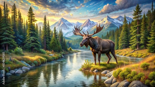 Vintage national park poster featuring a wild moose in a forest jungle with a river and nature landscapes in the background, national park, vintage, colorful, posters, deer head, moose