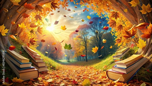 Vibrant artwork of swirling books creating a portal to bright autumnal world, with dancing leaves on breeze , portal, books, swirling, vibrant, autumnal, bright, whimsical, dance, leaves photo