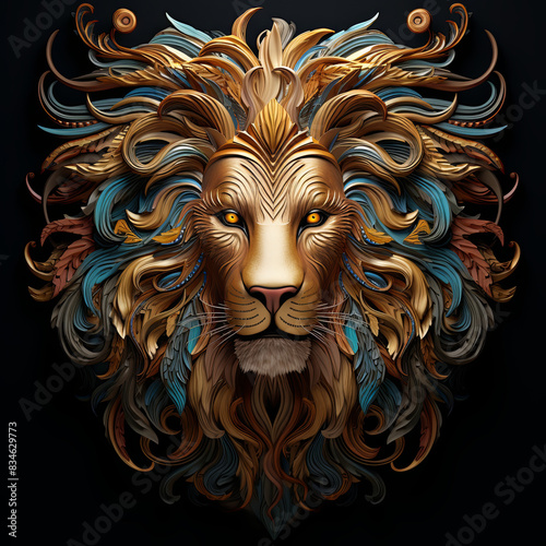 Detailed illustration of a lion's face with elaborate, colorful designs and patterns, showcasing artistic creativity and craftsmanship. photo