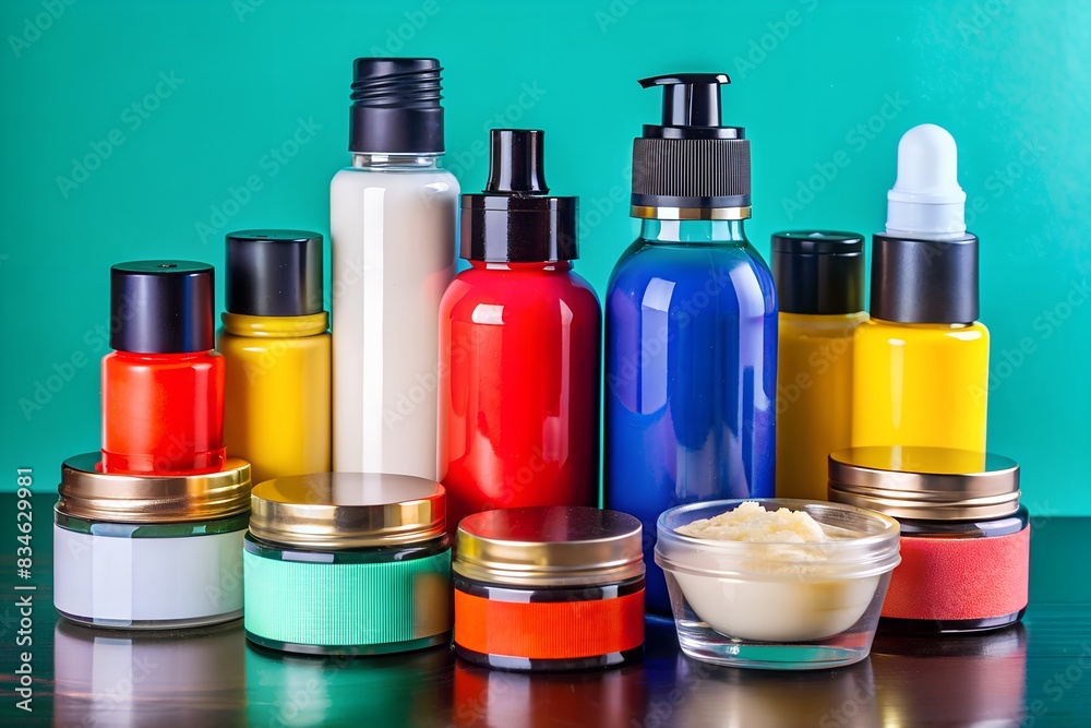 The image shows a vanity table topped with various cosmetic products.