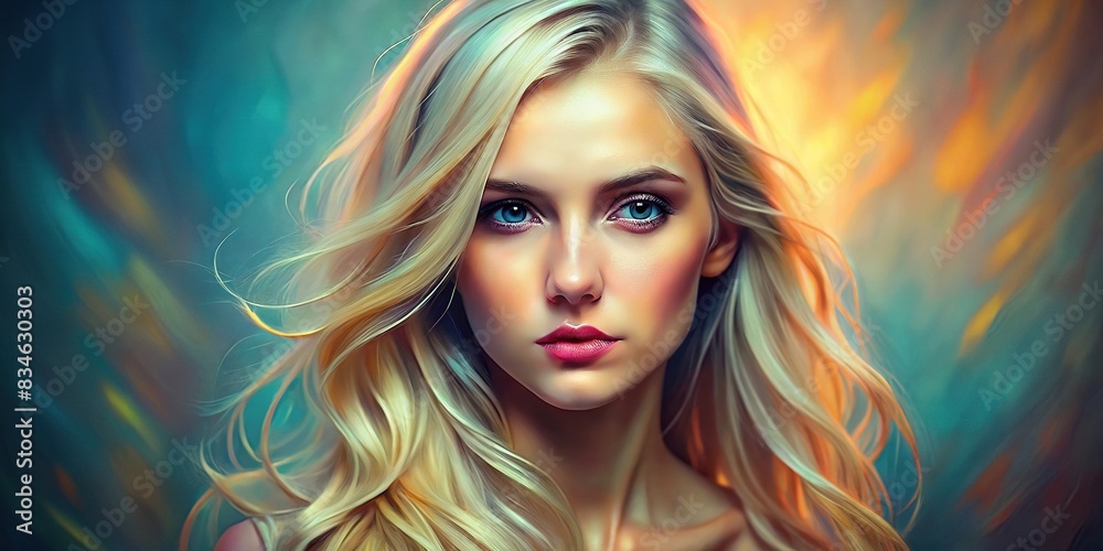 Beautiful generative portrait of a blond woman on gradient background , beauty, AI, portrait, blonde, woman, digital, technology, artificial intelligence, creative, artwork, model, feminine