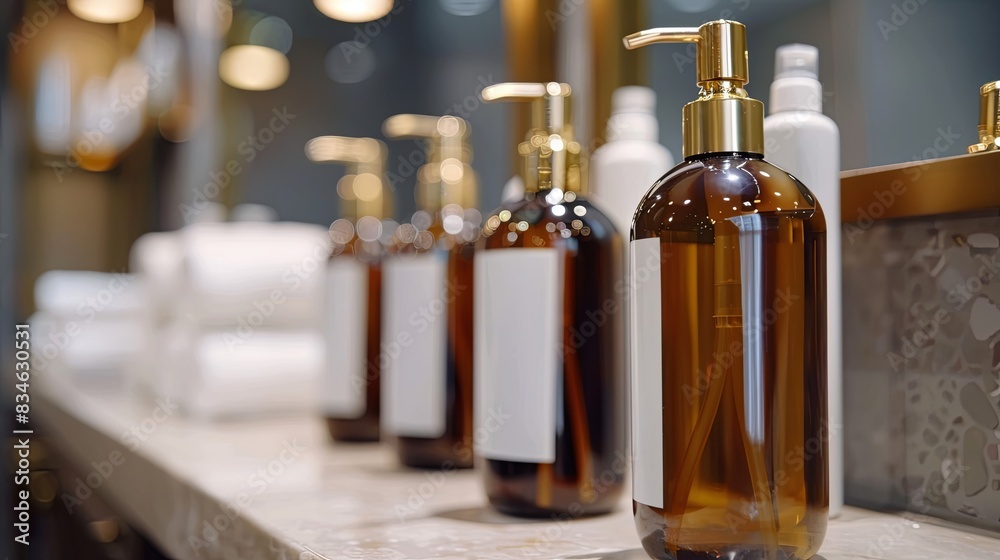 A row of elegant, amber-colored bottles with gold pumps on a bathroom counter. Generative AI A row of elegant, amber-colored bottles with gold pumps on a bathroom counter. Generative AI