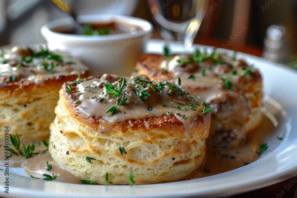 Biscuits and Gravy - Biscuits topped with creamy sausage gravy. Biscuits and Gravy - Biscuits topped with creamy sausage gravy.