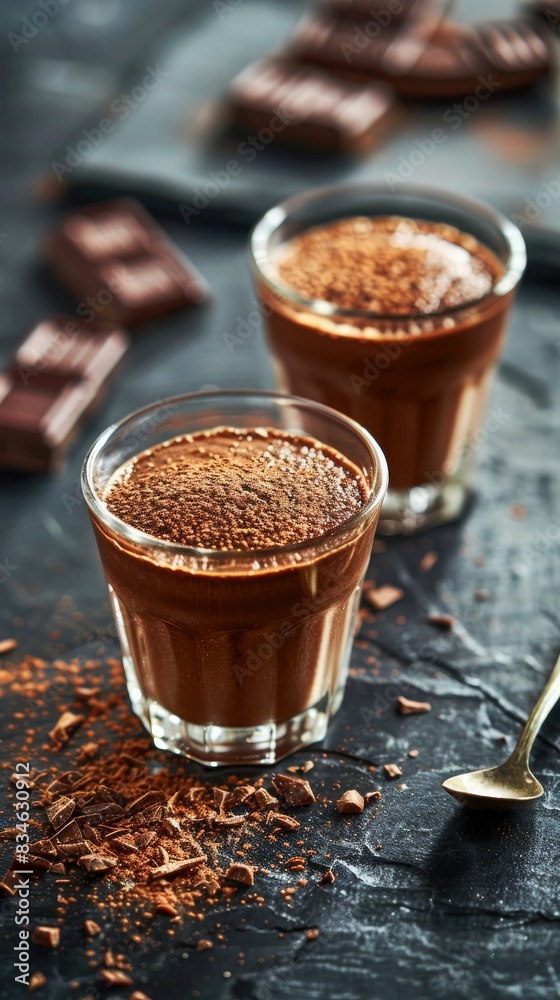 Two glass cups filled with creamy chocolate pudding, each with a metal spoon on the side Two glass cups filled with creamy chocolate pudding, each with a metal spoon on the side