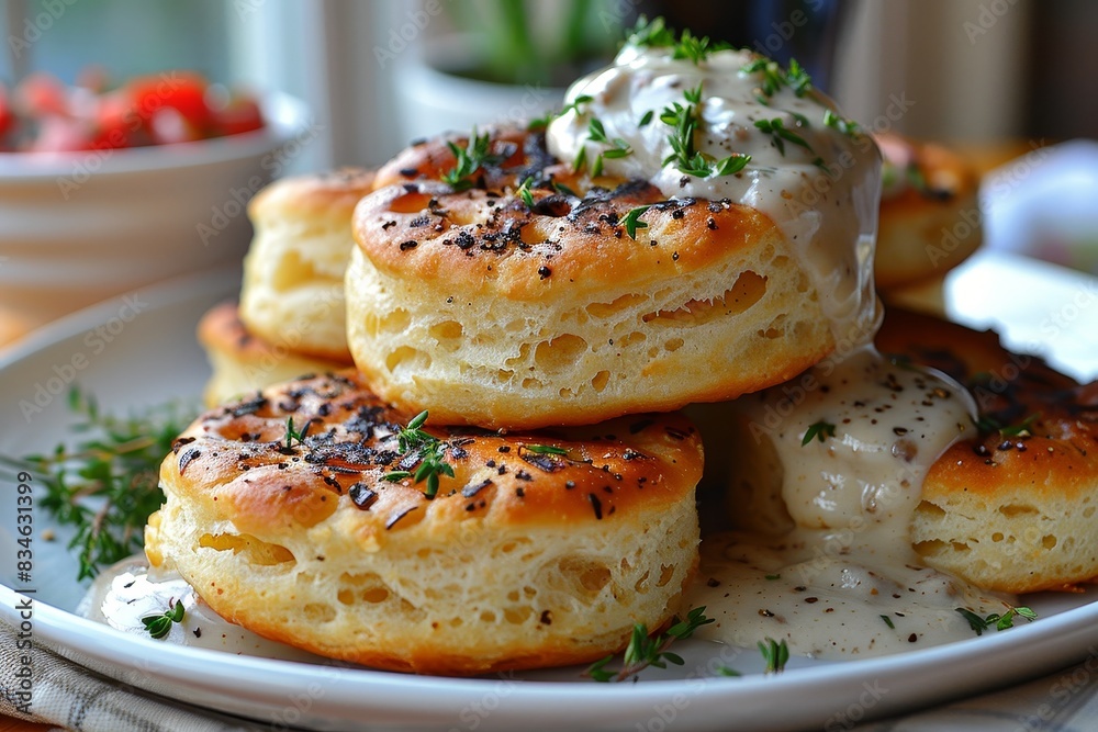 Biscuits and Gravy - Biscuits topped with creamy sausage gravy. Biscuits and Gravy - Biscuits topped with creamy sausage gravy.