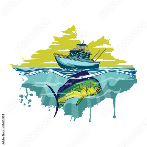 mahimahi dorado boat fishing illustration logo vector image t shirt