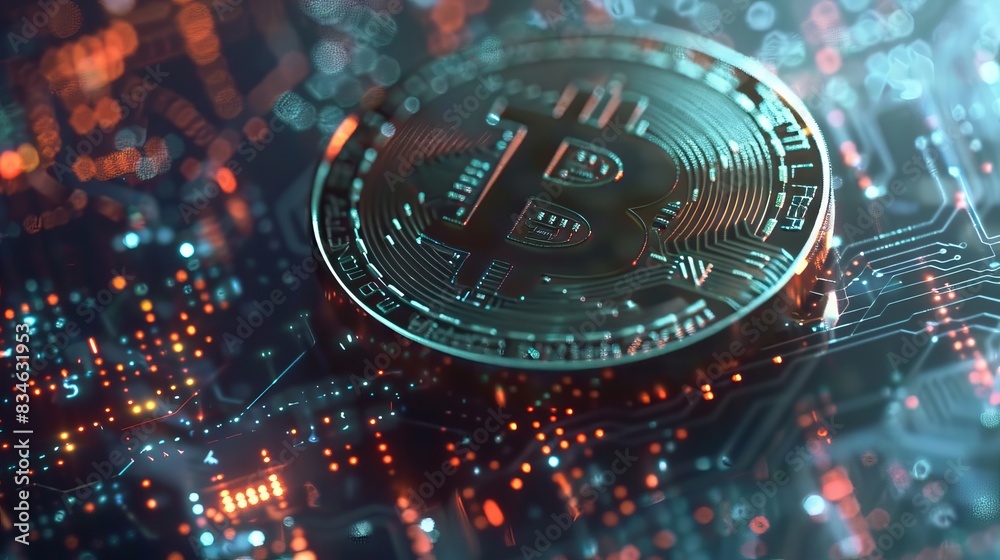 Bitcoin cyber coin on digital data stream background. cryptocurrency, digital BTC token, futuristic currency concept, virtual blockchain technology Bitcoin cyber coin on digital data stream background. cryptocurrency, digital BTC token, futuristic currency concept, virtual blockchain technology