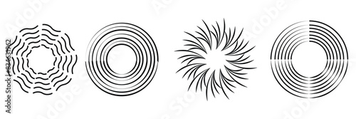 Radial circle lines. Circular radiating lines geometric element. Sun star rays symbol. Abstract geometric shapes. Design element. Vector illustration isolated on white background. EPS 10 photo