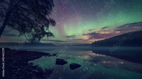 A high-resolution image of the Northern Lights and stars over a serene lake, with vibrant green and purple auroras reflecting on the water. The foreground includes the lake shore with rocks and a photo
